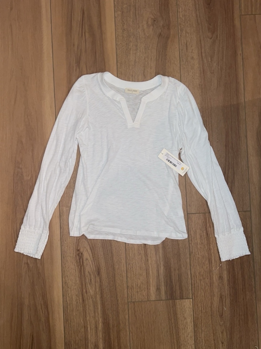 White Split V-Neck Long Sleeve Top with Smocked Cuffs